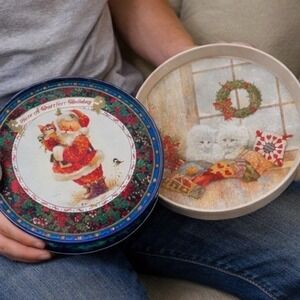 Vintage Christmas Tin Trays Set of 2 Santa Kittens Have A Purrfect Holiday